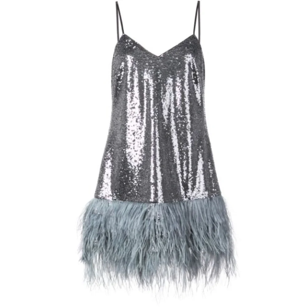 Cinq à Sept Glittering Silver Mini Dress with Feather Detail - Picture 4 of 7
